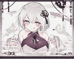 1girl :q absurdres bare_shoulders breasts chinese_zodiac cleavage collarbone commentary_request grey_eyes grey_hair hair_ornament heart heart-shaped_pupils highres large_breasts looking_at_viewer off_shoulder original reizouko short_hair smile solo sweater symbol-shaped_pupils tagme tongue tongue_out