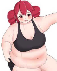 Rule 34 | 1girl, ahoge, artist request, belly, big belly, bike shorts, black shorts, black sports bra, blush, breasts, cleavage, doria (5jiz007hug29791), drill hair, fat, fat rolls, fat woman, hair tubes, kasane teto, medium breasts, medium hair, navel, open mouth, reaching, red eyes, red hair, short shorts, shorts, sitting, solo, sports bra, sweat, thick arms, thick thighs, thighs, twin drills, utau, vocaloid, white background