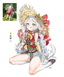 1girl :q animal animal_ears animal_feet artist_name bell bow denim denim_shorts food fruit goat goat_ears goat_girl goat_horns goat_tail hat hat_bow haze_(ohw8g) head_wreath highres holding holding_food holding_ice_cream hooves horns ice_cream jingle_bell long_hair looking_at_viewer making-of_available original personification photo-referenced rectangular_pupils red_bow red_ribbon reference_inset ribbon shorts sidelocks simple_background sitting solo straw_hat strawberry tongue tongue_out very_long_hair white_background white_hair yellow_eyes yokozuwari