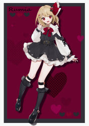 1girl absurdres adapted_costume belt belt_buckle black_belt black_dress black_shoes black_socks blonde_hair buckle center_frills character_name commentary_request daimaou_ruaeru dress frilled_dress frilled_ribbon frilled_sleeves frilled_socks frills full_body hair_ornament hair_ribbon head_tilt heart heart_hair_ornament highres knee_strap kneehighs long_legs long_sleeves looking_at_viewer nail_polish neck_ribbon open_mouth pink_nails platform_shoes puffy_long_sleeves puffy_sleeves red_eyes red_ribbon ribbon rumia shirt shoes sleeves_past_wrists smile socks solo standing touhou white_shirt x_hair_ornament