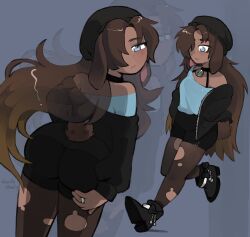 1girl animal_ears bell black_choker black_jacket black_shoes black_shorts blue_eyes blue_shirt brown_hair choker commission copyright_request hair_over_one_eye highres jacket long_hair looking_at_viewer mitsuko_tan multiple_views neck_bell pantyhose shirt shirt_tucked_in shoes shorts tail torn_clothes torn_pantyhose very_long_hair zoom_layer