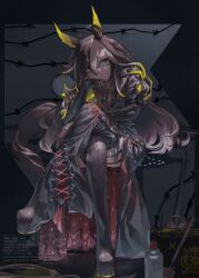 1girl absurdres animal_ears barbed_wire black_boots black_coat black_gloves black_hair blonde_hair blue_eyes boots closed_mouth coat colored_inner_animal_ears dream_journey_(umamusume) earrings eyewear_strap glasses gloves grey_hair hair_between_eyes hair_ribbon hand_up highres horse_ears horse_girl horse_tail jewelry lace lace-up_pants lace_gloves long_hair long_sleeves multicolored_hair platform_boots ribbon ring rope shovel single_earring solo spray_can streaked_hair tail thigh_strap tonariuta umamusume very_long_hair watermark