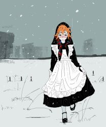 1girl absurdres alternate_costume apron black_dress black_headscarf black_shoes blush building closed_mouth cold concrete crying crying_with_eyes_open dithering dress enmaided flesh_blood_&amp;_concrete floral_print_headwear fog freckles full_body hair_between_eyes hashtag-only_commentary headscarf highres horizon jaggy_lines lera_(flesh_blood_&amp;_concrete) maid maid_apron mary_janes messy_hair orange_hair outdoors raised_inner_eyebrows sad shoes short_hair skirt_hold skyline snow snowing solo stuffbecauseidk tears winter