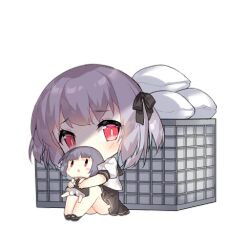 2girls :o behind_cover black_ribbon black_sailor_collar black_shoes black_skirt blush blush_stickers brown_dress carrying carrying_person chibi covered_mouth crate defense_fairy_(girls&#039;_frontline) dress fairy_(girls&#039;_frontline) full_body girls&#039;_frontline grey_hair hair_ribbon hug looking_at_viewer looking_up multiple_girls official_art puffy_short_sleeves puffy_sleeves red_eyes ribbon sailor_collar sandbag saru scared school_uniform shadow shirt shoes short_hair short_sleeves simple_background sitting skirt slit_pupils third-party_source transparent_background white_shirt |_|