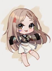 1girl bare_legs barefoot black_sleeve_cuffs blunt_ends braid brown_background brown_eyes brown_hair chibi commentary dress english_commentary eyelashes eyes_visible_through_hair grey_background happy highres hyanna-natsu jacket knees light_blush long_hair long_sleeves medium_dress multicolored_jacket open_mouth original outstretched_arms paint_in_hair paint_splatter paint_splatter_on_face patchwork_clothes pleated_skirt second-party_source signature single_braid skirt sleeves_past_wrists smile solo straight_hair sweater_jacket toes turtleneck turtleneck_dress two-tone_background very_long_hair white_dress