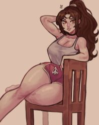 absurdres arm_up black_choker brown_eyes brown_hair chair choker cropped_legs crossed_legs fatal_fury gym_shorts high_ponytail highres pink_shorts ponytail shiranui_mai shirt_tucked_in shorts sitting tank_top thighs white_tank_top widisu wooden_chair