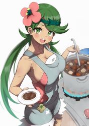 Rule 34 | 1girl, blush, breasts, cooking, cooking pot, dark-skinned female, dark skin, flower, food, green hair, hair flower, hair ornament, highres, large breasts, long hair, mallow (pokemon), nagyiiie, nintendo, overall shorts, overalls, pokemon, pokemon sm, short, sideboob, twintails, very long hair, white background