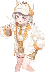1girl animal_hat blazer blonde_hair cat_hat cropped_legs dated facial_mark hat highres holding holding_magnifying_glass jacket koishi_(kiwi0314) komori_met komori_met_(6th_costume) looking_at_viewer magnifying_glass necktie open_mouth orange_eyes shirt shorts simple_background solo thigh_strap virtual_youtuber vspo! white_background
