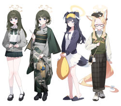 3girls absurdres alternate_costume animal animal_ear_fluff animal_ears animal_on_head bag bird bird_on_head black_boots black_hair black_hat black_pants black_shoes blonde_hair blue_archive blue_bow blue_cardigan blue_eyes blue_slippers blunt_bangs boots bow brown_bag cardigan closed_mouth diagonal-striped_bow dog_ears dog_girl dog_tail dong_ji floral_print floral_print_kimono forehead fox_ears fox_girl fox_tail green_bow green_hair green_hairband green_haori green_sash green_skirt green_vest grey_jacket grey_kimono hairband haori hat hibiki_(blue_archive) high_heel_boots high_heels highres holding holding_bag jacket japanese_clothes kimono long_hair looking_at_viewer multiple_girls obi on_head open_mouth pants pants_rolled_up pink_eyes plaid_clothes plaid_pants plaid_skirt pleated_skirt print_kimono sash seia_(blue_archive) shirt shoes sidelocks skirt slippers smile socks tail tsumugi_(blue_archive) vest white_shirt white_shoes white_skirt white_socks yellow_bag