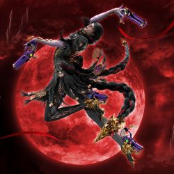 1girl 3d absurdres bayonetta bayonetta_(series) bayonetta_3 black_hair braid clothing_cutout earrings eyeshadow glasses gloves gun highres jewelry lipstick long_hair looking_at_viewer makeup mole mole_under_mouth moon multicolored_hair official_art red_hair ribbon simple_background smile solo streaked_hair twin_braids weapon
