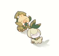 :3 ^_^ akadako animal_focus bags_under_eyes chewing closed_eyes fangs gen_5_pokemon grey_outline nintendo no_humans outline petilil pokemon pokemon_(creature) sewaddle simple_background white_background