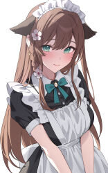 1girl apron black_shirt blush braid breasts brown_hair buttons closed_mouth commentary cross cross_earrings earrings flower green_eyes green_ribbon hair_flower hair_ornament highres jewelry long_hair looking_at_viewer maid maid_apron maid_headdress original ribbon shirt short_sleeves simple_background solo teti upper_body white_background