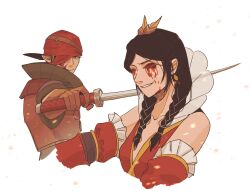 Rule 34 | 1boy, 1girl, abi-kamikakushi, bandana, black hair, blood, blood on face, elf, green eyes, highres, holding, holding sword, holding weapon, iorveth, no eyes, philippa eilhart, pointy ears, red bandana, simple background, sword, the witcher (series), the witcher 2, twintails, weapon, white background