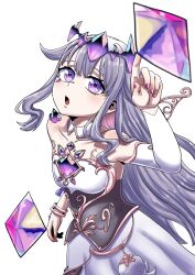 1girl absurdres bracelet breasts detached_collar dress gem hair_ornament highres hololive hololive_english jewelry koseki_bijou nail_polish purple_eyes purple_gemstone purple_hair purple_nails simple_background small_breasts solo solo_focus spriggantweet white_background wings