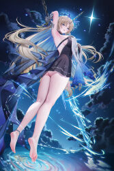 1girl arm_up armpits ass barefoot black_dress blonde_hair blue_eyes blue_hair breasts cloud cloudy_sky colored_inner_hair commentary crown_of_thorns dress earrings feet fleurdelys_(wuthering_waves) floating_earrings from_behind full_body hashtag-only_commentary highres holding holding_sword holding_weapon horns huge_breasts jewelry lichiko long_hair long_horns looking_at_viewer multicolored_hair night night_sky parted_bangs parted_lips pointy_ears ripples short_dress sidelocks single_horn sky soles solo sword tacet_mark_(wuthering_waves) toes torso_twist very_long_hair weapon wuthering_waves yellow_horns