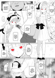 1boy 1girl ? absurdres age_difference bbm censored clueless comic confused dairoku_ryouhei dark-skinned_male dark_skin dress english_text erection expressionless fat fat_man flat_chest highres ignorance inchore indoors loli lolita_fashion looking_at_penis looking_at_viewer looking_back lumerie_maleficarum monochrome multiple_views penis pov red_eyes sequential speech_bubble standing translated tricked_into_sex white_hair