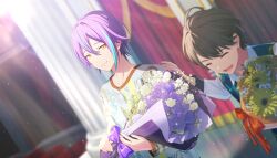 2boys blue_streaks closed_eyes closed_mouth colorful_palette dear_my_fellows_(project_sekai) game_cg highres kamishiro_rui multiple_boys official_art open_mouth purple_hair yellow_eyes