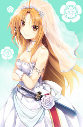 Rule 34 | 1girl, bare shoulders, blonde hair, breasts, bridal veil, choker, cleavage, dress, flower, gloves, jewelry, long hair, medium breasts, miyama-zero, necklace, oda nobuna, oda nobuna no yabou, sheath, sheathed, smile, solo, veil, weapon, wedding dress, white flower, white gloves, yellow eyes