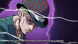 Rule 34 | 1boy, araki hirohiko (style), aura, blonde hair, bowler hat, commentary, dead man&#039;s questions, english text, fake screenshot, formal clothes, green hat, green jacket, hachura, hat, hatching (texture), highres, jacket, jojo no kimyou na bouken, kira yoshikage, looking down, male focus, necktie, official style, parted lips, short hair, solo, subtitled, suit, translated, upper body, yellow necktie