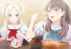 2girls absurdres blonde_hair blue_eyes blue_hair blue_shirt brown_hair chopsticks commentary_request flower food fujishima_megumi gradient_hair green_neckerchief hair_flower hair_ornament hasu_no_sora_school_uniform highres holding holding_chopsticks holding_food kaisendon link!_like!_love_live! long_hair love_live! multicolored_hair multiple_girls neckerchief open_mouth osawa_rurino purple_eyes red_neckerchief sailor_collar school_uniform shirane_nanimo shirt smile table twintails white_sailor_collar