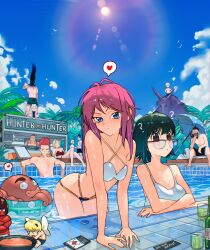 bikini black_eyes blue_eyes blue_sky bottle breasts cesar_art456 chrollo_lucilfer cleavage franklin_bordeau glasses gon_freecss green_hair heart highres hisoka_morow hunter_x_hunter innertube killua_zoldyck kurapika large_breasts leorio_paladiknight license_plate long_hair multiple_boys multiple_girls neferpitou octopus outdoors pakunoda pink_hair shizuku_murasaki sitting sky small_breasts spanish_commentary spoken_heart swim_ring swimsuit umbrella wading