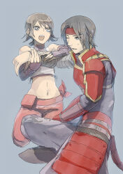 armor bandaged_arm bandages brown_eyes brown_hair crop_top headband japanese_clothes kneeling kunoichi_(sengoku_musou) navel one_eye_closed sanada_yukimura_(sengoku_musou) sengoku_musou sitting