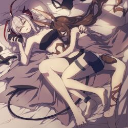 2girls ahoge amiya_(arknights) animal_ears ankle_ring antenna_hair antennae arknights ass bandeau bare_arms bare_legs bare_shoulders barefoot black_shorts brown_hair cellphone closed_eyes commentary_request cuddling demon_girl demon_horns demon_tail grey_hair hand_on_another&#039;s_back hand_on_another&#039;s_waist holding holding_phone horns hug jewelry lari_lab long_hair lying multiple_girls nail_polish on_back on_side parted_lips phone rabbit_ears rabbit_girl rabbit_tail red_nails ring short_shorts shorts sleeping smartphone soles strapless tail thigh_ring thigh_strap toes tube_top w_(arknights) waking_up yuri