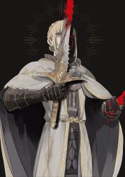 1girl armor armor_under_clothes black_background blonde_hair blood blood_on_hands bloody_tears bloody_weapon braid cloak crown_braid elden_ring elden_ring:_shadow_of_the_erdtree full_armor highres kero_1110 knight needle_knight_leda ornate ornate_armor solo starscourge_greatsword weapon white_cloak