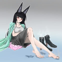 1girl animal_ears barefoot black_hair blush boots feet footprints highres hoshimi_miyabi lei_abu long_hair looking_at_viewer parted_lips red_eyes shoes steam toes unworn_boots unworn_shoes zenless_zone_zero