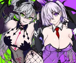 2girls animal_ears black_gloves black_hands black_leotard breasts cleavage colored_extremities covered_navel fake_animal_ears fate/grand_order fate_(series) fingerless_gloves fishnet_pantyhose fishnets frown gloves green_eyes hands_up horns large_breasts leotard lilith_(fate) long_hair mash_kyrielight multiple_girls pantyhose playboy_bunny pointy_ears purple_eyes purple_hair purple_leotard rabbit_ears satou_nui short_hair smile twintails white_hair