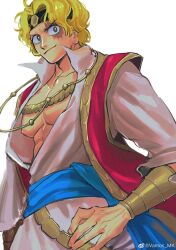 1boy abs absurdres blonde_hair closed_mouth commentary headband highres male_focus nipples one_piece pectorals sabo_(one_piece) scar scar_on_face shirt short_hair solo symbol-only_commentary toned toned_male vamos_mk white_background white_shirt