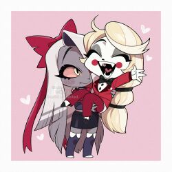 2girls :d ^_^ absurdly_long_hair absurdres black_bow black_bowtie black_mouth black_shoes black_skirt blonde_hair border bow bowtie breasts buttons carrying charlie_morningstar chibi chibi_only circle_facial_mark closed_eyes closed_mouth colored_sclera colored_skin colored_tips curtained_hair eyeshadow fangs fewer_digits full_body grey_eyeshadow grey_hair grey_skin grey_thighhighs hair_bow hair_tie hazbin_hotel heart heart_in_mouth highres jacket kageimo knees_together_feet_apart lapels layered_sleeves long_hair long_sleeves looking_at_another makeup miniskirt multicolored_hair multiple_girls open_mouth orange_sclera outstretched_arm pants pencil_skirt pink_background princess_carry raised_eyebrows red_bow red_jacket red_pants shirt shoes simple_background skirt small_breasts smile standing swept_bangs teeth thighhighs traditional_bowtie two-tone_hair vaggie very_long_hair watermark white_border white_hair white_shirt white_shoes white_skin yellow_eyes yuri zettai_ryouiki