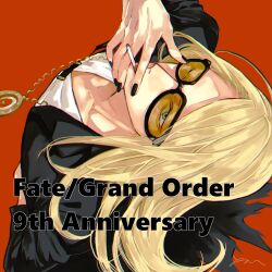 1boy anniversary arm_up black-framed_eyewear black_coat black_nails blonde_hair blue_eyes cigarette coat collarbone commentary_request english_text eyes_visible_through_eyewear fate/grand_order fate_(series) fingernails glasses highres holding holding_cigarette jewelry leaning_back long_hair looking_at_viewer male_focus necklace nervlish one_eye_closed orange-tinted_eyewear parted_bangs red_background shirt simple_background smoking solo tezcatlipoca_(fate) tezcatlipoca_(first_ascension)_(fate) tinted_eyewear upper_body white_shirt