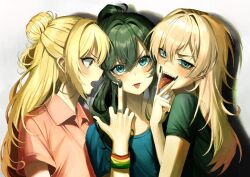 3girls black_hair black_nails black_shirt blonde_hair blue_eyes blue_shirt class_of_09 collared_shirt earrings emily_(class_of_09) hair_between_eyes hair_bun highres hoop_earrings jecka_(class_of_09) jewelry long_tongue looking_at_viewer messy_hair middle_finger multiple_girls nanaphawat nicole_(class_of_09) open_mouth orange_shirt pill_on_tongue ring sharp_teeth shirt simple_background teeth tongue tongue_between_fingers tongue_out v white_background yellow_eyes