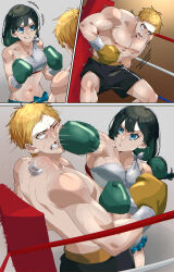 1boy 1girl artist_request boxing boxing_gloves boxing_ring highres mixed-sex_combat translation_request