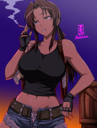 1girl bare_shoulders belt black_fingerless_gloves black_lagoon black_tank_top blue_shorts box breasts brown_belt brown_eyes brown_hair cigarette cleavage crop_top cutoffs denim denim_shorts elbow_rest female_focus fingerless_gloves gloves gradient_background gun handgun highres holding holding_cigarette holster large_breasts leaning_on_object long_hair looking_to_the_side midriff navel open_fly panties panties_peek panty_peek ponytail purple_background revy_(black_lagoon) short_shorts shorts shoulder_tattoo signature simple_background smoke smoke_trail smoking solo standing stomach sunset tank_top tattoo teeth twitter_username underwear weapon white_panties wooden_box