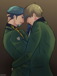 Rule 34 | 2boys, aiming, artist name, beard, black shirt, blonde hair, blue eyes, brown background, challia bull, char aznable, collared shirt, commentary request, face-to-face, facial hair, gloves, green eyes, green hair, green jacket, gun, gundam, gundam gquuuuuux, handgun, highres, holding, holding gun, holding weapon, hug, jacket, long sleeves, male focus, military jacket, military uniform, multiple boys, mustache, necktie, sepata444, shirouzu (gundam), shirt, short hair, simple background, turtleneck, upper body, weapon, yaoi