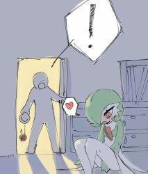 ! ._. 1boy 1girl an_(koreaajw1313) apple arm_at_side between_legs blush bob_cut colored_skin crossed_legs dark dropping female_masturbation flat_chest food fruit full_body gardevoir gen_3_pokemon green_hair green_skin hair_over_one_eye hand_between_legs heart highres holding holding_plate indoors knees_up looking_down masturbation motion_lines multicolored_skin nintendo nose_blush one_eye_covered open_mouth plate pokemon pokemon_(creature) red_eyes shadow short_hair sitting sketch speech_bubble spoken_exclamation_mark spoken_heart standing sweat two-tone_skin white_skin