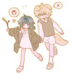 1boy 1girl aged_down ahoge animal_ears anklet arknights black_eyes black_hair blonde_hair box brown_jacket brown_shoes brown_sweater_vest collarbone collared_shirt dog_ears dog_tail dr_janglong dress fang gift gift_box hair_intakes hand_up holding_hands image_in_speech_bubble jacket jewelry la_pluma_(arknights) open_mouth outline oversized_clothes oversized_jacket pocket red_ribbon ribbon sandals scrunchie shirt shoes shorts sidelocks socks speech_bubble step-siblings stick sweat sweatdrop sweater_vest tail tequila_(arknights) thick_eyebrows walking white_background white_dress white_sandals white_shorts white_socks worm x yellow_outline