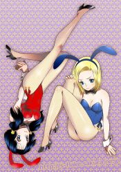 Rule 34 | 2girls, android 18, animal ears, black hair, blonde hair, blue eyes, breasts, cleavage, closed mouth, detached collar, dragon ball, dragonball z, fake animal ears, fishnet pantyhose, fishnets, full body, high heels, leotard, long hair, looking at viewer, multiple girls, pantyhose, playboy bunny, rabbit ears, rabbit tail, short hair, strapless, strapless leotard, tail, twintails, videl, yukimitsuki