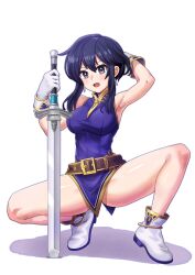 1girl armpits bare_legs belt black_hair blush boots breasts commission commissioner_upload earrings els_(ljhlee12) fire_emblem fire_emblem:_genealogy_of_the_holy_war full_body gloves highres holding holding_sword holding_weapon jewelry larcei_(fire_emblem) looking_at_viewer nintendo open_mouth pelvic_curtain pixiv_commission planted planted_sword planted_weapon purple_tunic short_hair sidelocks sleeveless solo spread_legs squatting sword tiptoes tunic weapon white_background