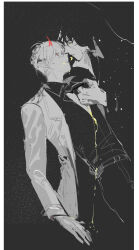 2boys arched_back black_hair black_shirt border cloak coat collared_shirt crescent_moon demon_horns drawn_horns drooling from_side gripping_clothes hair_between_eyes hand_on_another&#039;s_head highres hood hood_up horns imminent_kiss kim_dokja lantercat leaning_forward looking_at_another moon multiple_boys multiple_scars official_alternate_costume omniscient_reader&#039;s_viewpoint outline outstretched_arm partially_colored partially_invisible pointy_ears scar scar_on_face secretive_plotter shirt sketch sky star_(sky) starry_sky white_border white_coat white_hair white_outline yellow_eyes