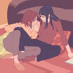 2girls 55bata6rou allison_carter black_hair black_pants breasts brown_hair closed_eyes couch full_body glasses grabbing_another&#039;s_chin grey_pants hand_on_another&#039;s_chin hand_on_another&#039;s_knee highres indoors knees_apart_feet_together lisa_williams long_hair looking_at_another medium_breasts multiple_girls no_shoes on_floor pants pillow red_shirt red_socks shirt short_hair sitting socks sunstone yellow_shirt yuri