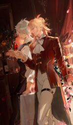 Rule 34 | 2boys, 40080028157, absurdres, alcohol, antenna hair, arm support, ascot, black pants, black vest, blonde hair, blue eyes, braid, chinese commentary, collared shirt, commentary request, cup, drinking glass, gradient hair, hair between eyes, highres, holding, holding cup, honkai: star rail, honkai (series), jacket, long sleeves, male focus, medium hair, multicolored hair, multiple boys, mydei (honkai: star rail), open mouth, pants, phainon (honkai: star rail), red hair, red jacket, shirt, short hair, side braid, thigh strap, toasting (gesture), vest, white ascot, white hair, white pants, white shirt, wine, wine glass, yellow eyes
