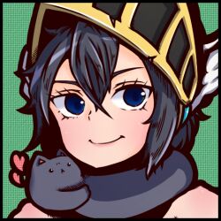 1girl animal animal_around_neck black_cat black_hair blue_eyes blush cat closed_mouth commentary_request green_background hair_between_eyes heart looking_at_viewer lowres portrait ragnarok_iris ragnarok_online short_hair smile solo sura_(ragnarok_online) upper_body visor_(armor)