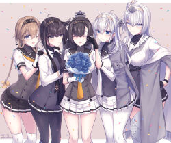 5girls akizuki_(kancolle) black_hair black_headband black_neckerchief black_sailor_collar blue_eyes blush bodysuit border breasts brown_hair clothes_writing cowboy_shot dated flower fuyutsuki_(kancolle) gloves gradient_background grey_hair hachimaki hair_ornament hairband hatsuzuki_(kancolle) hatsuzuki_kai_ni_(kancolle) headband highres jacket kabocha_torute kantai_collection long_hair looking_at_viewer multiple_girls neckerchief open_mouth pantyhose pink_background pleated_skirt ponytail revision sailor_collar school_uniform serafuku short_hair side_ponytail skirt smile suzutsuki_(kancolle) teruzuki_(kancolle) twitter_username white_border white_jacket white_skirt