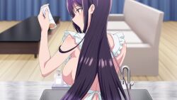 1girl animated anime_screenshot apron ass backboob breasts butt_crack from_behind gradient_hair hair_between_eyes haite_kudasai_takamine-san highres kitchen large_breasts long_hair multicolored_hair naked_apron panties purple_hair red_eyes sideboob sidelocks smile sound tagme takamine_takane thigh_gap thighs two-tone_hair underwear video white_apron
