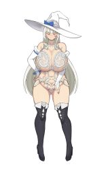1girl :&gt; absurdres anger_vein bare_shoulders belly black_thighhighs blue_bow blunt_bangs bow breasts bridal_gauntlets closed_eyes commentary_request corinna21210534 curvy gluteal_fold hat hat_bow high_heels highres huge_breasts large_hat long_hair original revealing_clothes solo standing stomach thighhighs very_long_hair white_bridal_gauntlets white_hair white_hat witch witch_hat