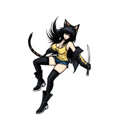1girl animal_ears bare_shoulders black_hair black_thighhighs breasts brown_eyes camisole cat_ears cat_girl cat_tail choker cleavage coat highres katana kotone kotone_inazuma large_breasts long_hair narrow_waist off-shoulder_coat off_shoulder short_shorts shorts solo sword tail thighhighs vivid_dead weapon