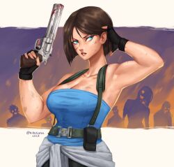 1girl artist_name black_gloves blue_eyes blue_tube_top breasts cleavage clothes_around_waist dirty dirty_face fingerless_gloves gloves gun hand_in_own_hair highres holding holding_gun holding_weapon jill_valentine nire_(nirefuster) parted_lips resident_evil resident_evil_3:_nemesis strapless sweat sweater sweater_around_waist tube_top weapon zombie